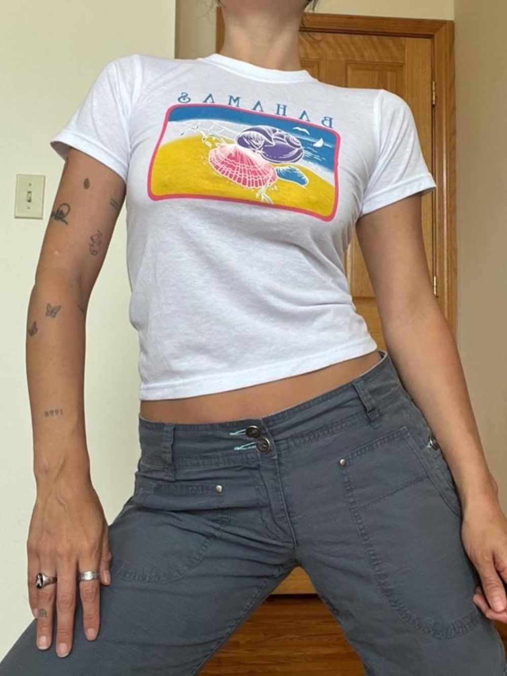 Vintage White Bahamas Graphic Baby Tee Shirt